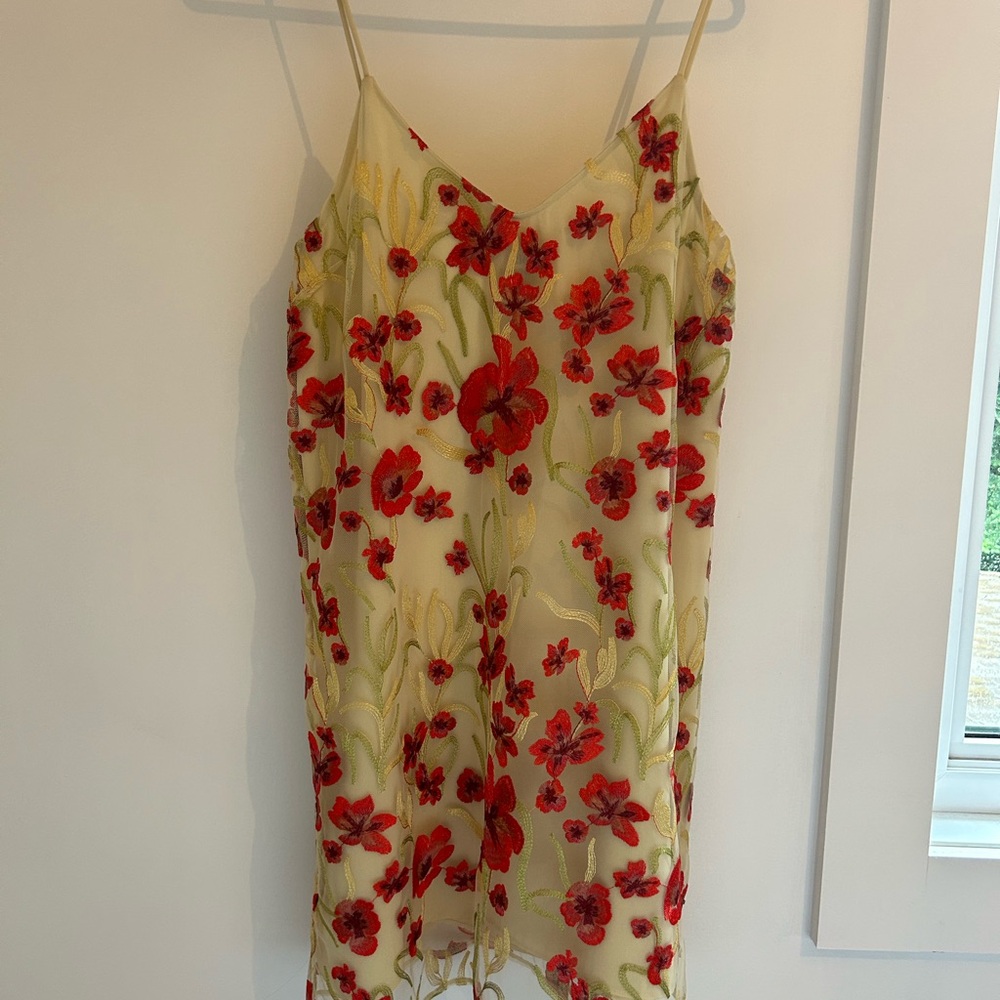 Floral Slip Dress in Yellow with Red Floral Embroidery Aritzia
